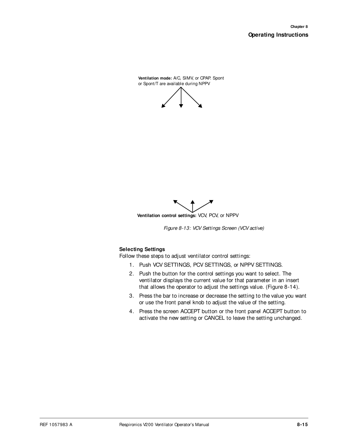 Philips V200 manual Selecting Settings, Ventilation control settings VCV, PCV, or Nppv 