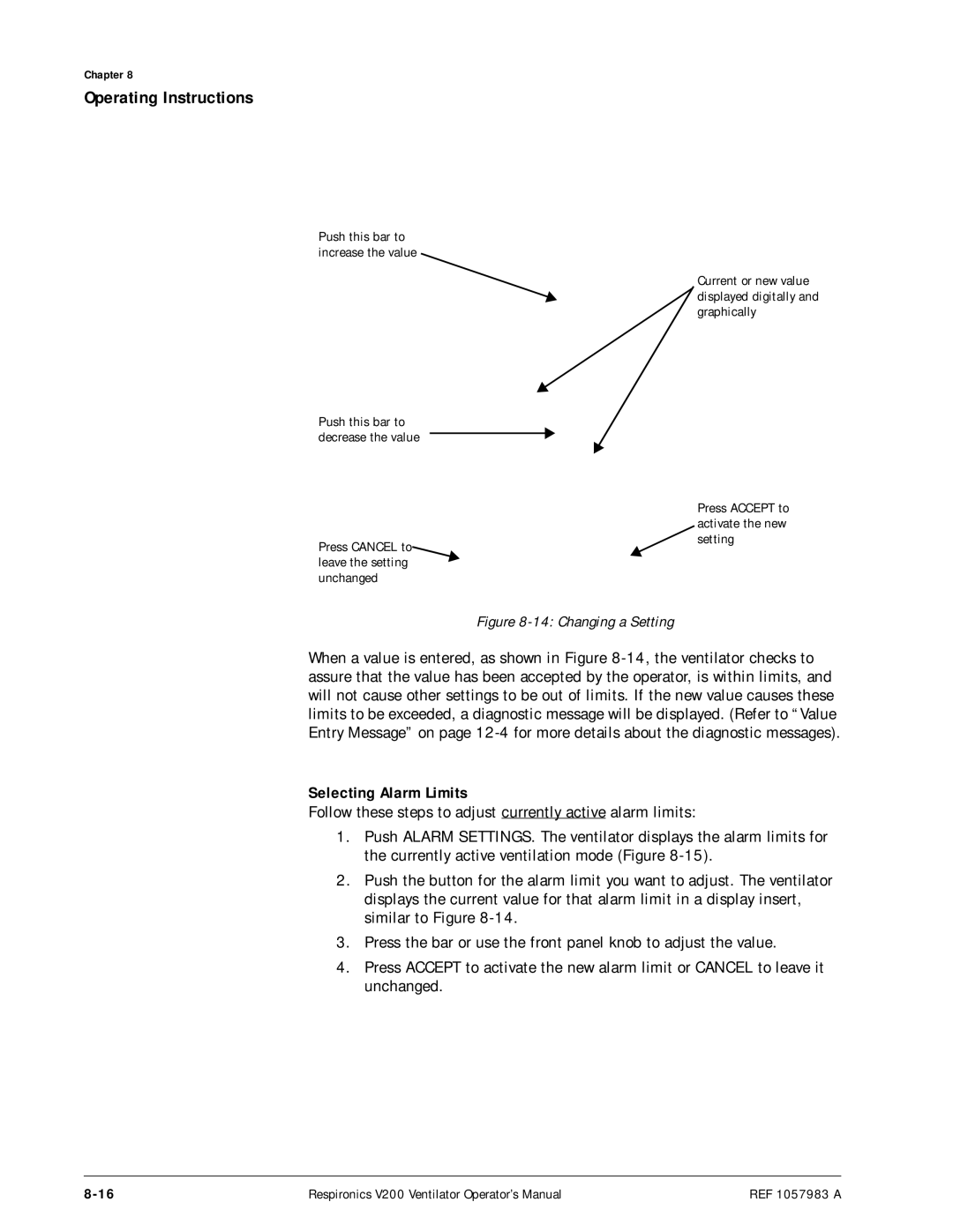 Philips V200 manual Selecting Alarm Limits, Changing a Setting 