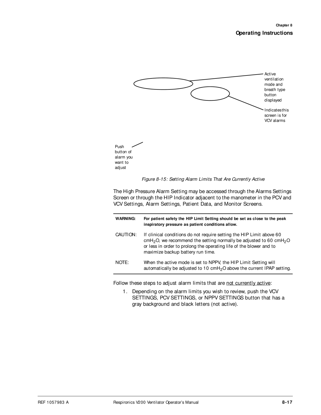 Philips V200 manual Setting Alarm Limits That Are Currently Active, Inspiratory pressure as patient conditions allow 