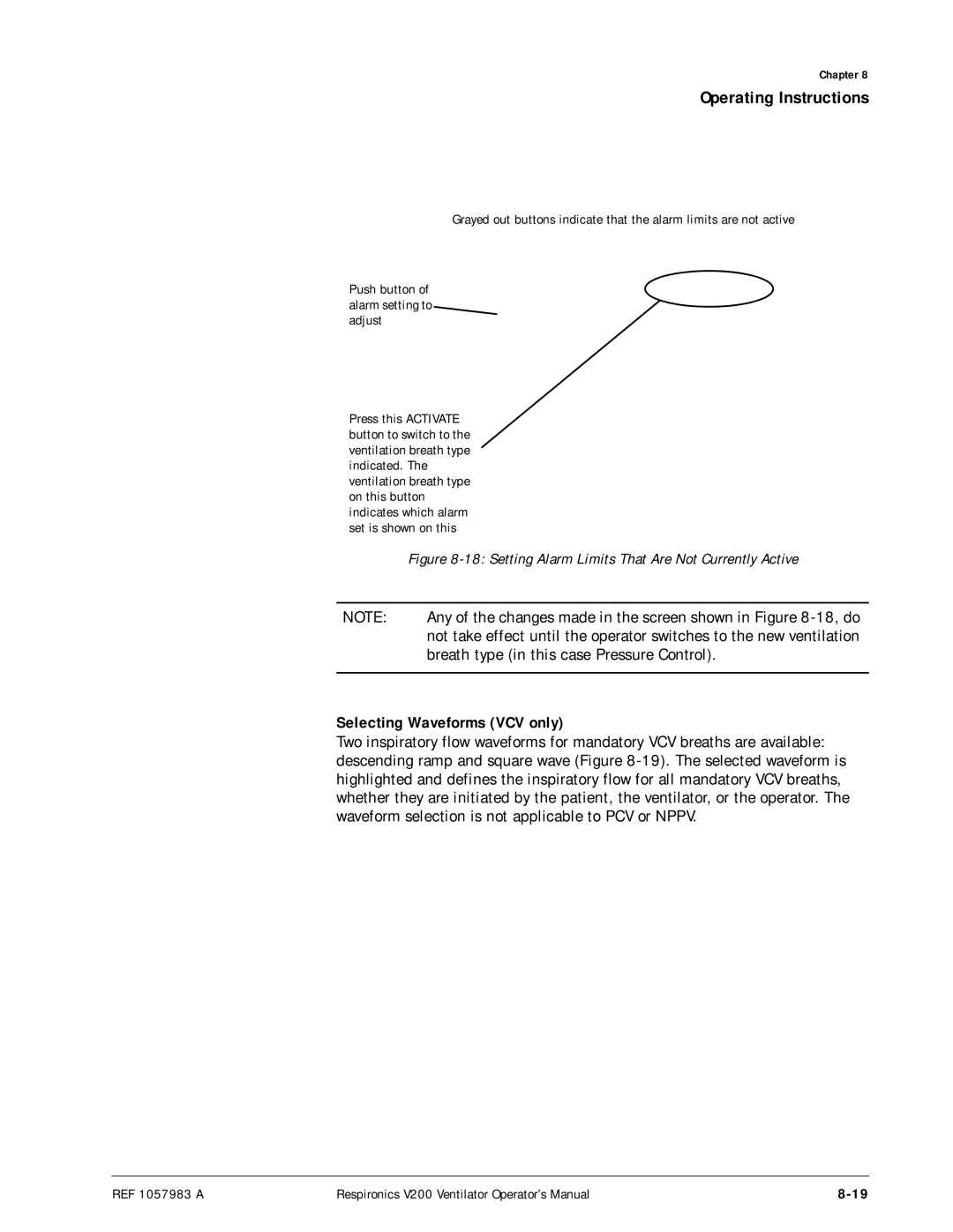 Philips V200 manual Selecting Waveforms VCV only, Setting Alarm Limits That Are Not Currently Active 