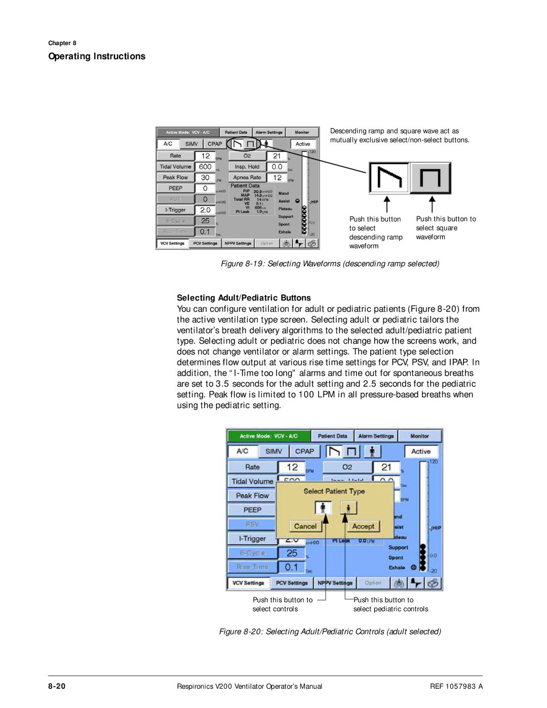 Philips V200 manual Selecting Adult/Pediatric Buttons, Selecting Waveforms descending ramp selected 