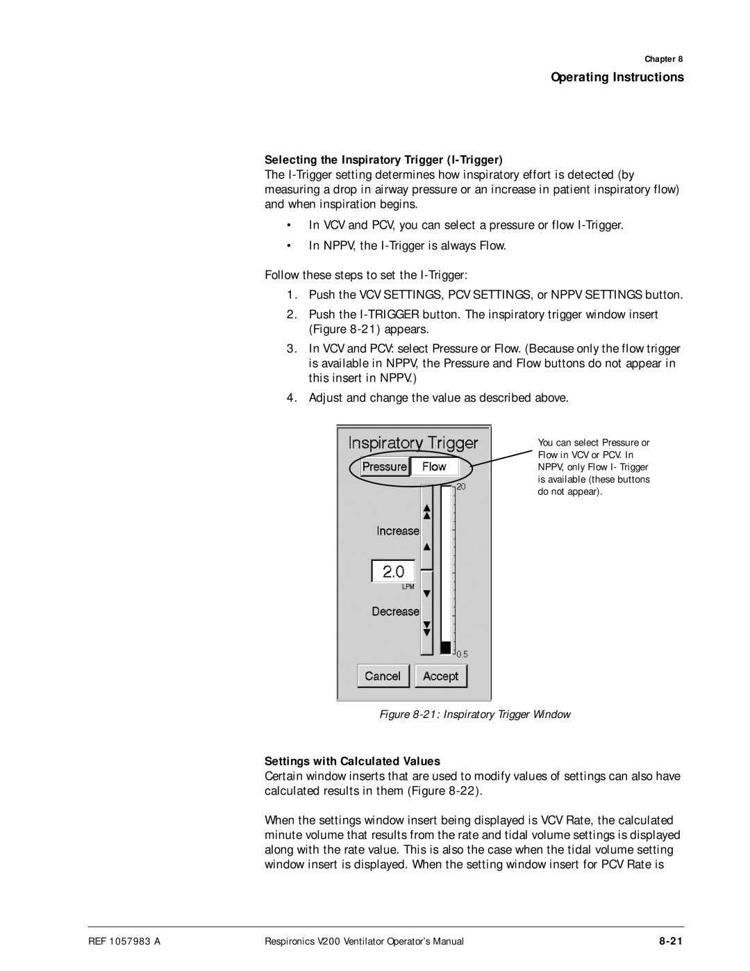 Philips V200 manual Selecting the Inspiratory Trigger I-Trigger, Settings with Calculated Values 