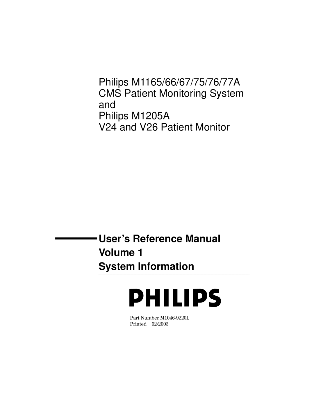 Philips V24CT, V26CT manual Phi, Part Number M1046-9220L Printed 02/2003 