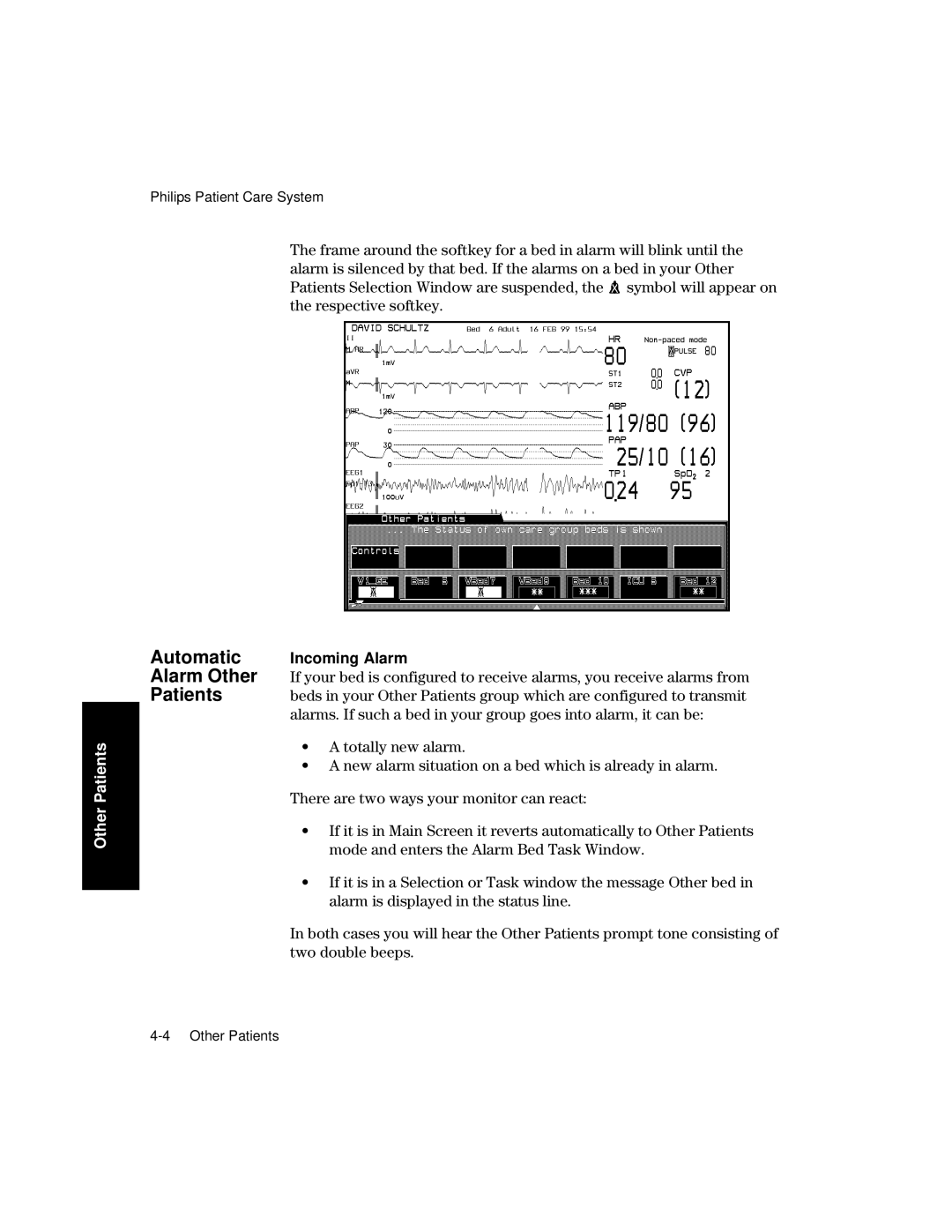 Philips V26CT, V24CT manual Automatic Alarm Other Patients, Incoming Alarm 