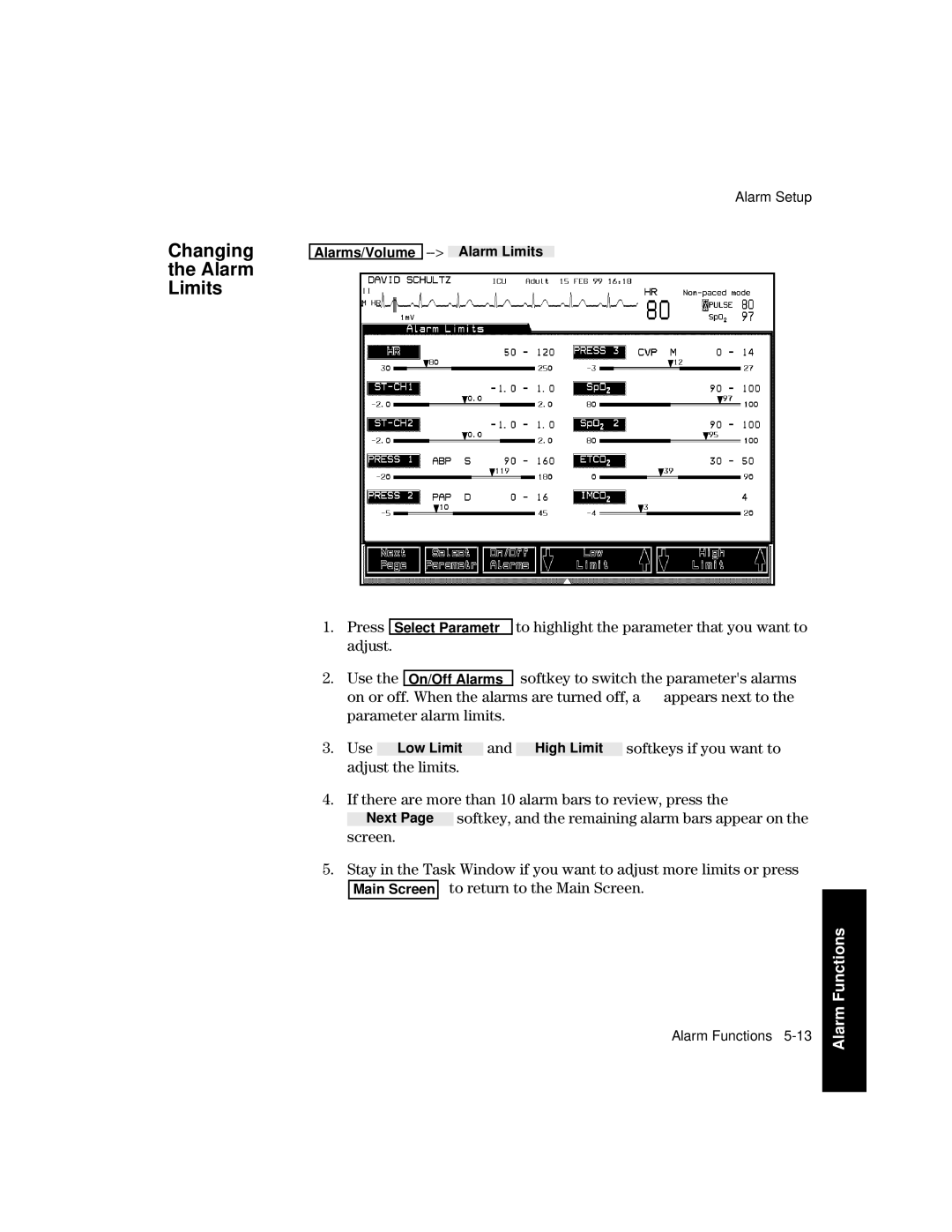 Philips V24CT, V26CT manual Changing Alarm Limits, Adjust the limits, If there are more than 10 alarm bars to review, press 