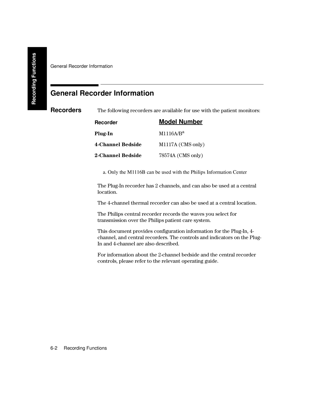 Philips V26CT, V24CT manual General Recorder Information, Model Number, Plug-In M1116A/B a Channel Bedside 