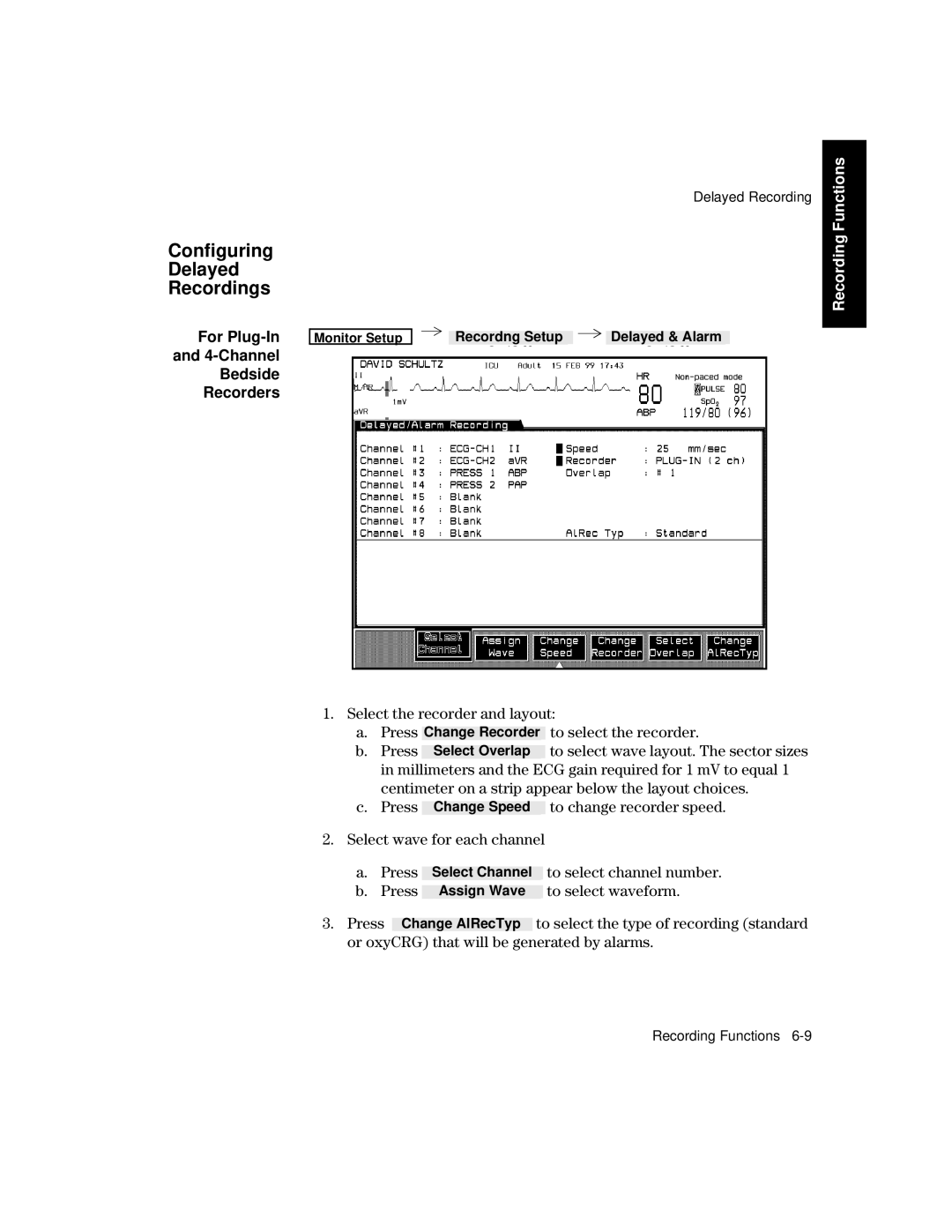 Philips V24CT, V26CT Configuring Delayed Recordings, For Plug-In and 4-Channel Bedside Recorders, Press To select waveform 