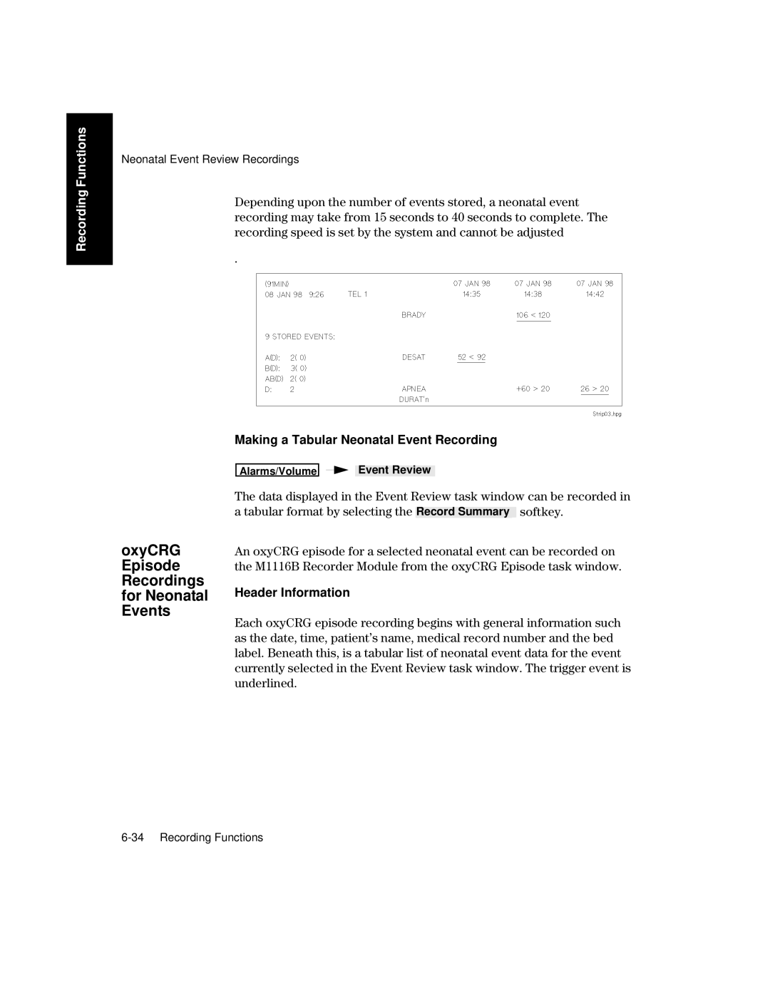 Philips V26CT, V24CT manual OxyCRG Episode Recordings for Neonatal Events, Making a Tabular Neonatal Event Recording 