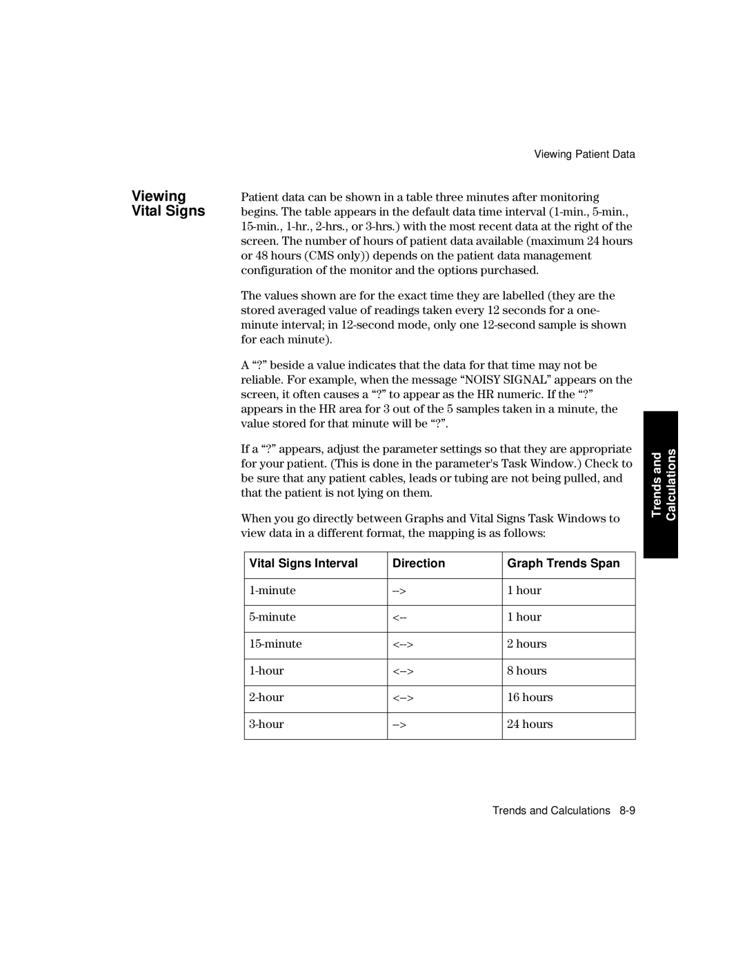 Philips V24CT, V26CT manual Viewing Vital Signs, Vital Signs Interval Direction Graph Trends Span, Minute Hour Hours 