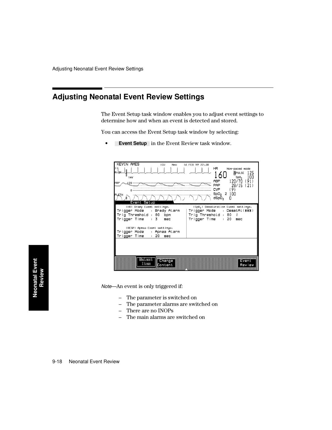 Philips V26CT, V24CT manual Adjusting Neonatal Event Review Settings 