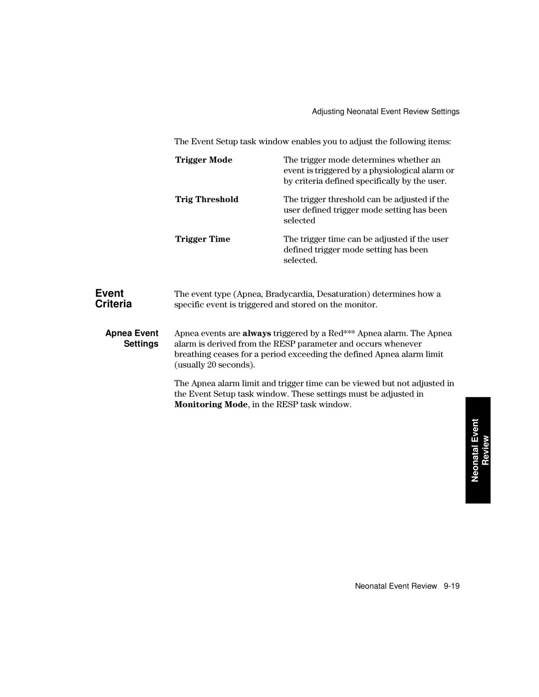 Philips V24CT, V26CT manual Criteria, Apnea Event, Settings 