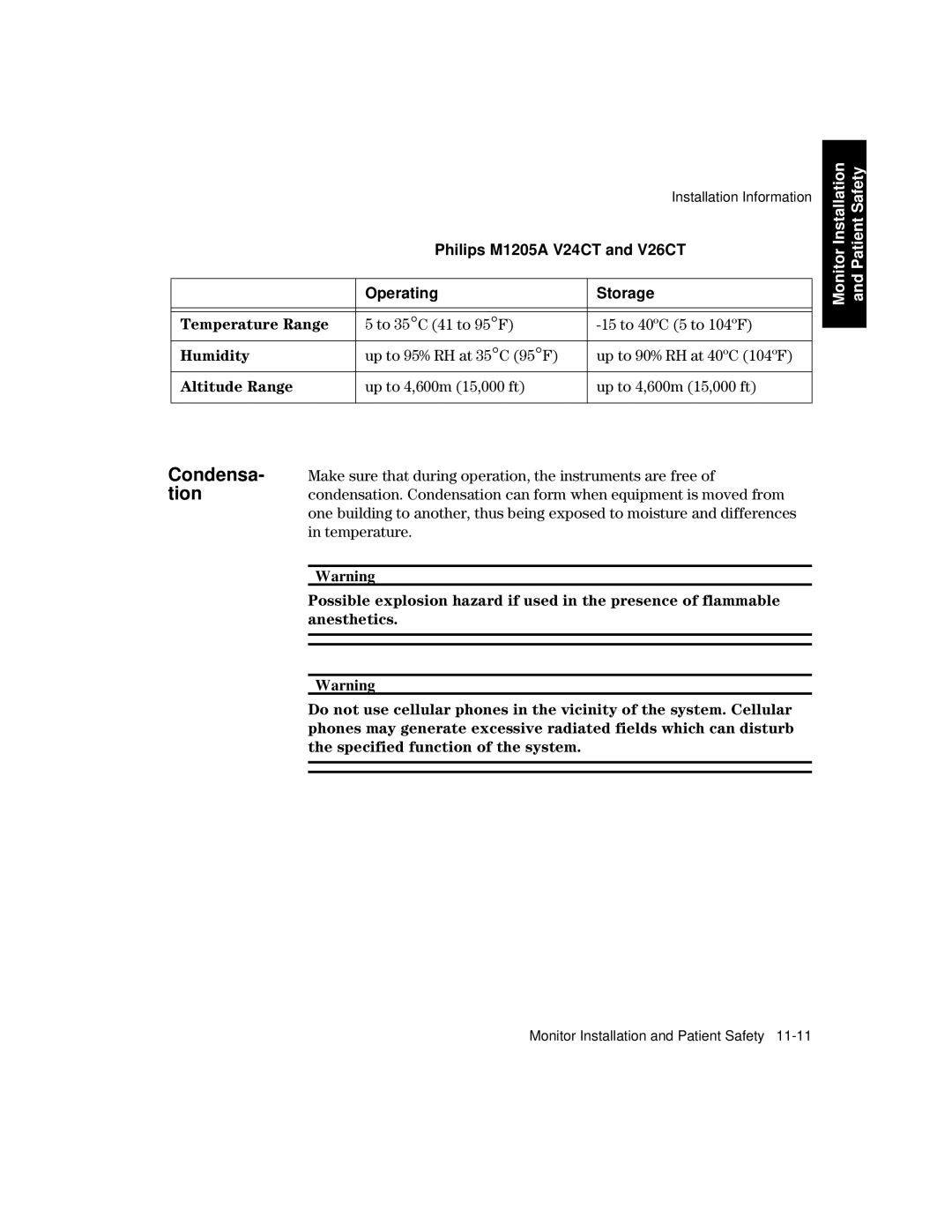 Philips manual Condensa- tion, Philips M1205A V24CT and V26CT, To 35C 41 to 95F 15 to 40ºC 5 to 104ºF 