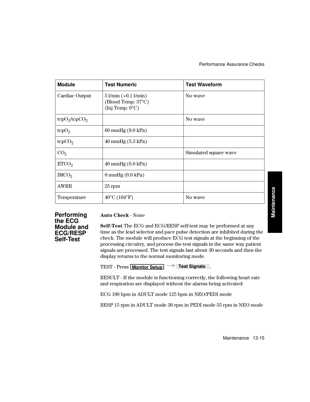 Philips V24CT, V26CT manual Performing ECG Module, Self-Test, Module Test Numeric Test Waveform, Auto Check None, Test Press 