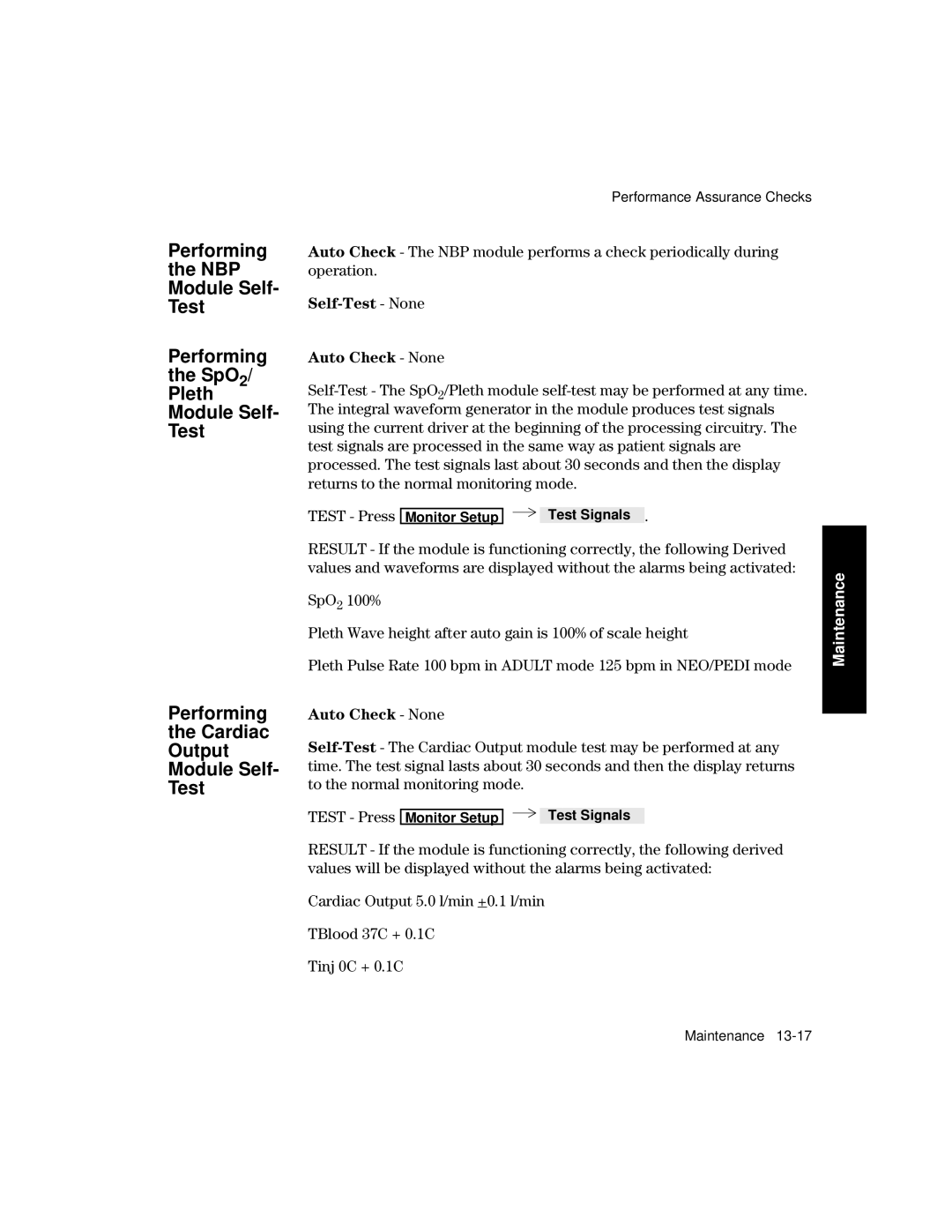 Philips V24CT, V26CT manual Performing NBP Module Self Test SpO2 Pleth Cardiac Output, Self-Test None Auto Check None 