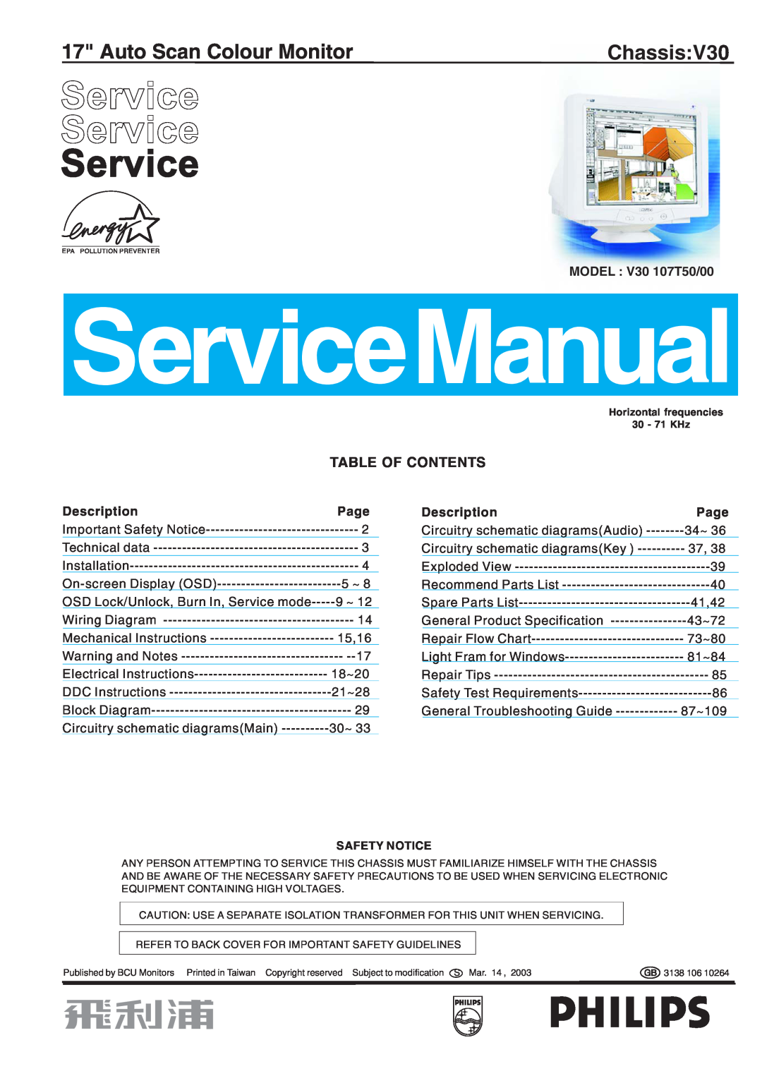 Philips manual Service Service Service, Auto Scan Colour Monitor, ChassisV30, Table Of Contents 