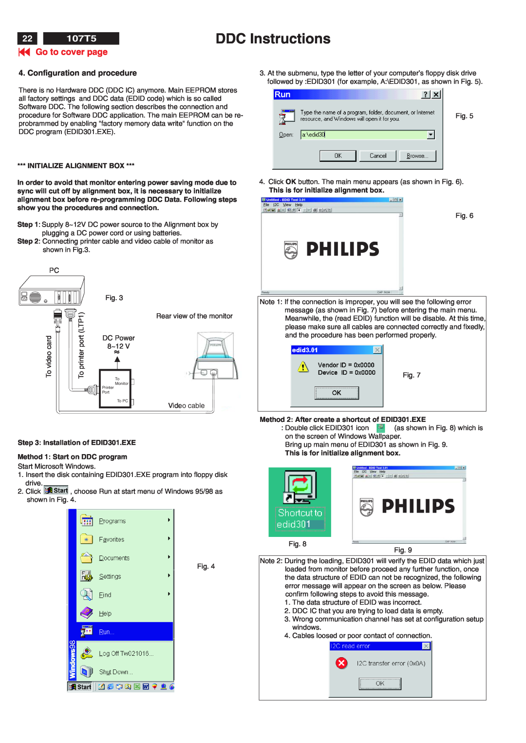 Philips V30 manual DDC Instructions, 107T5, Go to cover page, Configuration and procedure, Initialize Alignment Box 