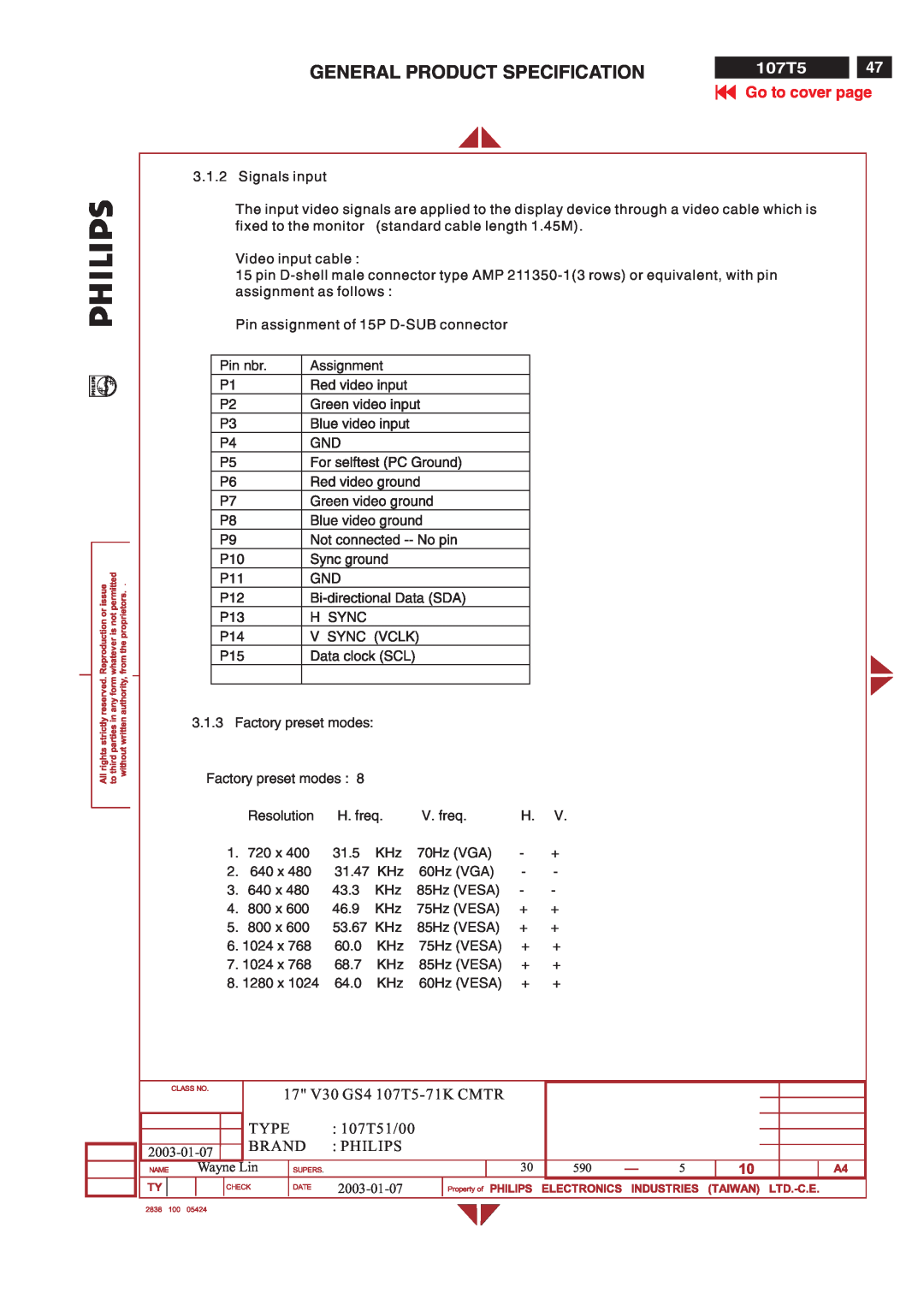 Philips General Product Specification, Go to cover page, 17 V30 GS4 107T5-71K CMTR, Type, 107T51/00, Brand, Philips 