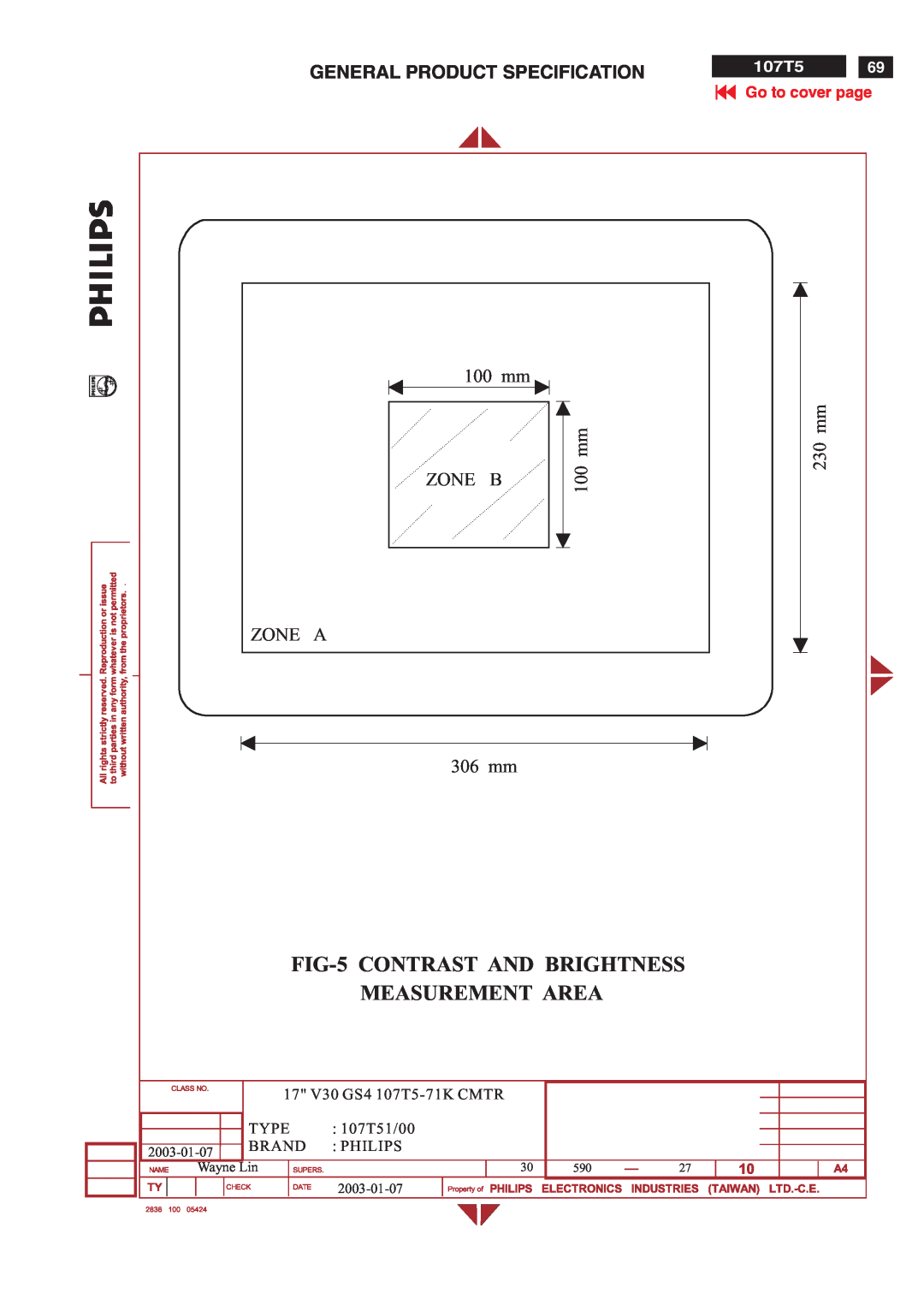 Philips V30 FIG-5 CONTRAST AND BRIGHTNESS MEASUREMENT AREA, General Product Specification, 100 mm, Zone B, ZONE A 306 mm 