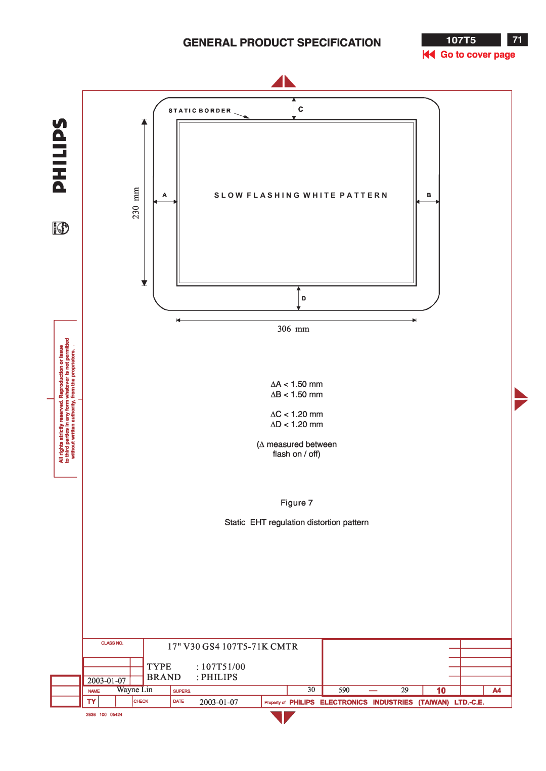 Philips General Product Specification, Go to cover page, 230 mm, 306 mm, 17 V30 GS4 107T5-71K CMTR, Type, 107T51/00 