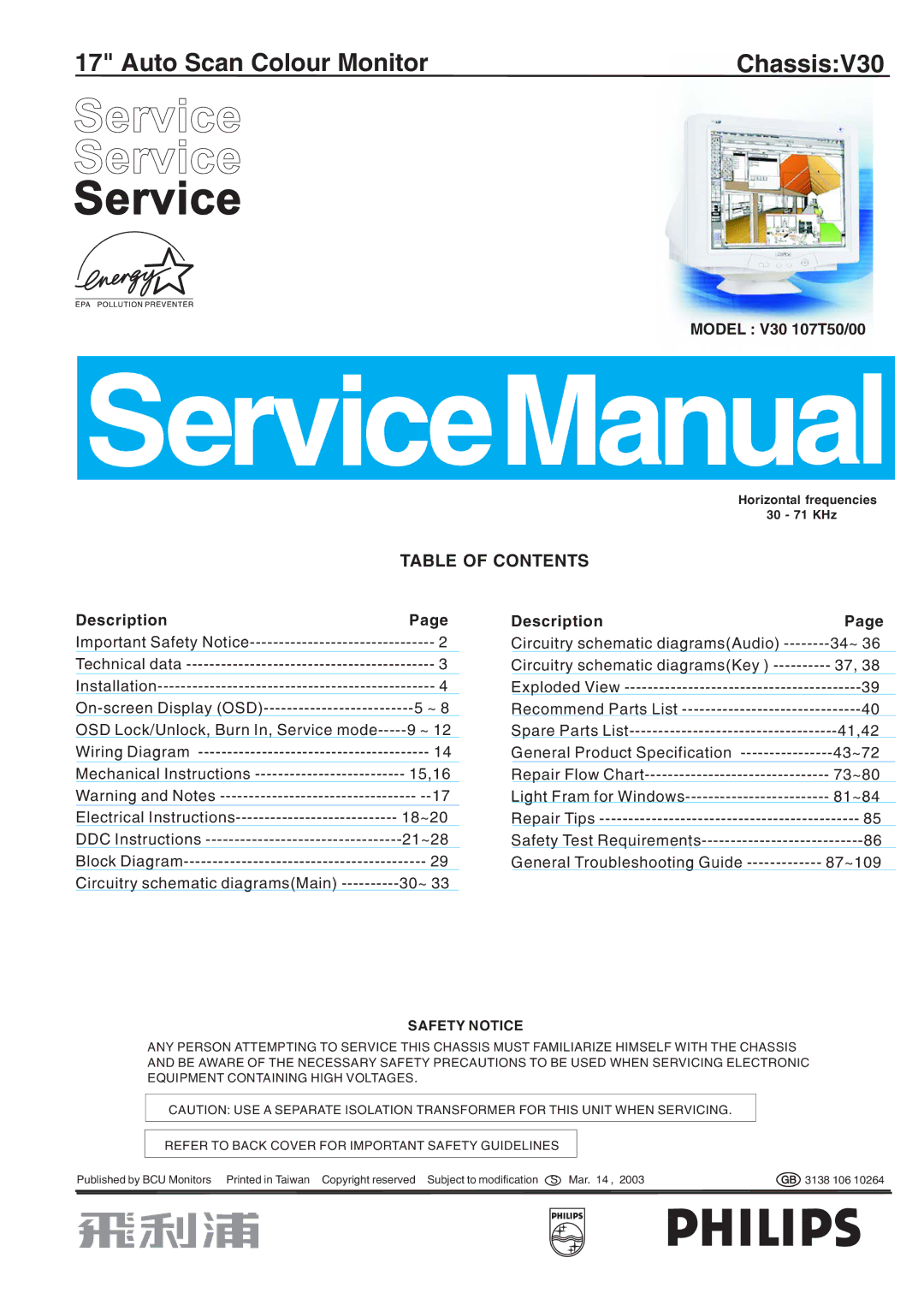 Philips manual Service, Auto Scan Colour Monitor ChassisV30 