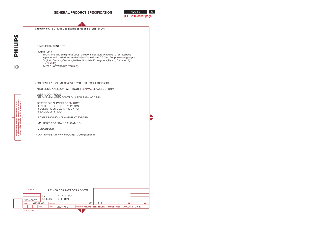 Philips V30 manual General Product Specification, LOW Emission MPRII/TCO99/TCO95 optional 