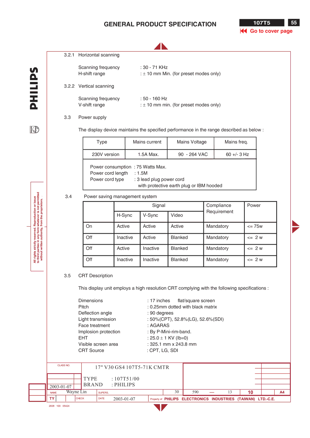 Philips V30 manual Vertical scanning Scanning frequency 50 160 Hz Shift range, Power supply, 25.0 1 KV Ib=0 