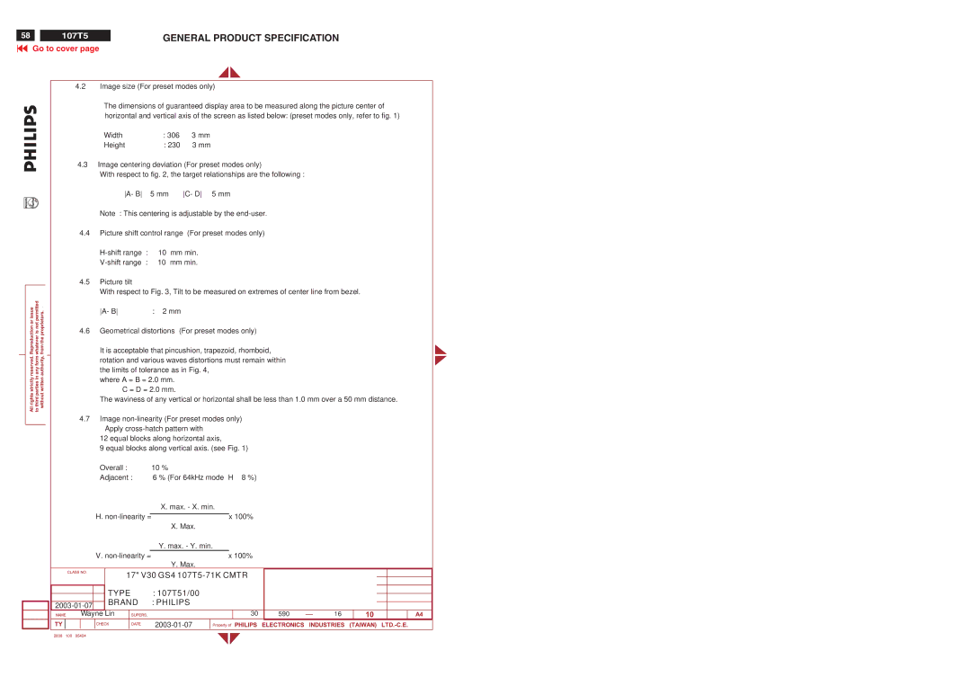 Philips V30 manual Image size For preset modes only, Max. Y. min Non-linearity = 100% 