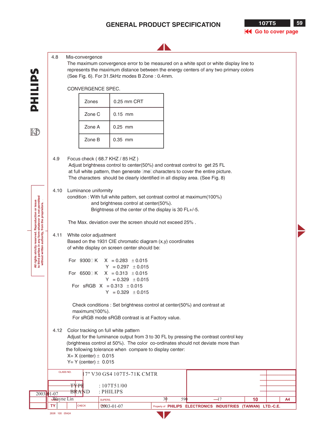 Philips V30 manual For 6500 K 015, For SRGB = 0.313 