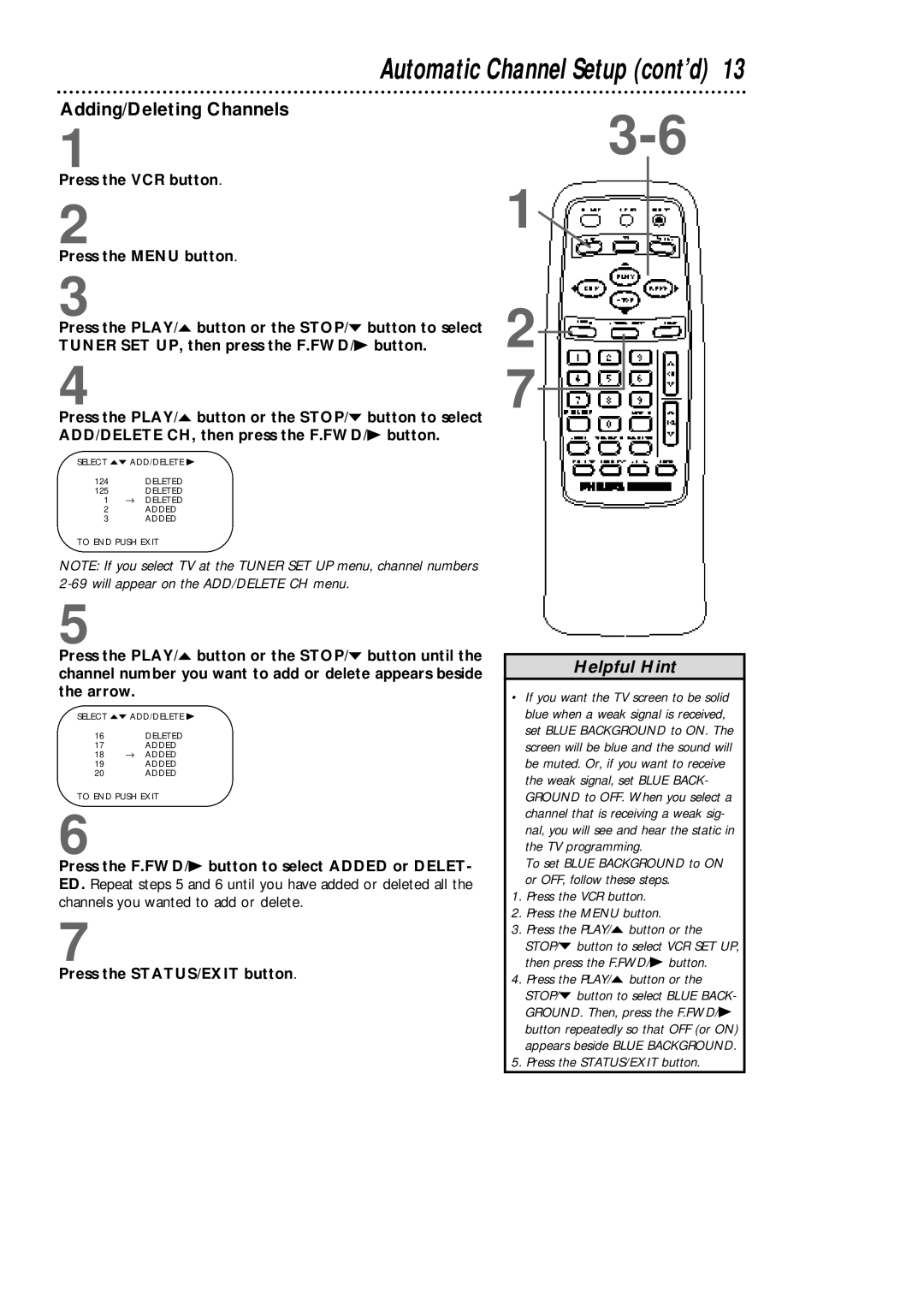 Philips VCA431AT, VCA631AT owner manual Automatic Channel Setup cont’d, Adding/Deleting Channels 