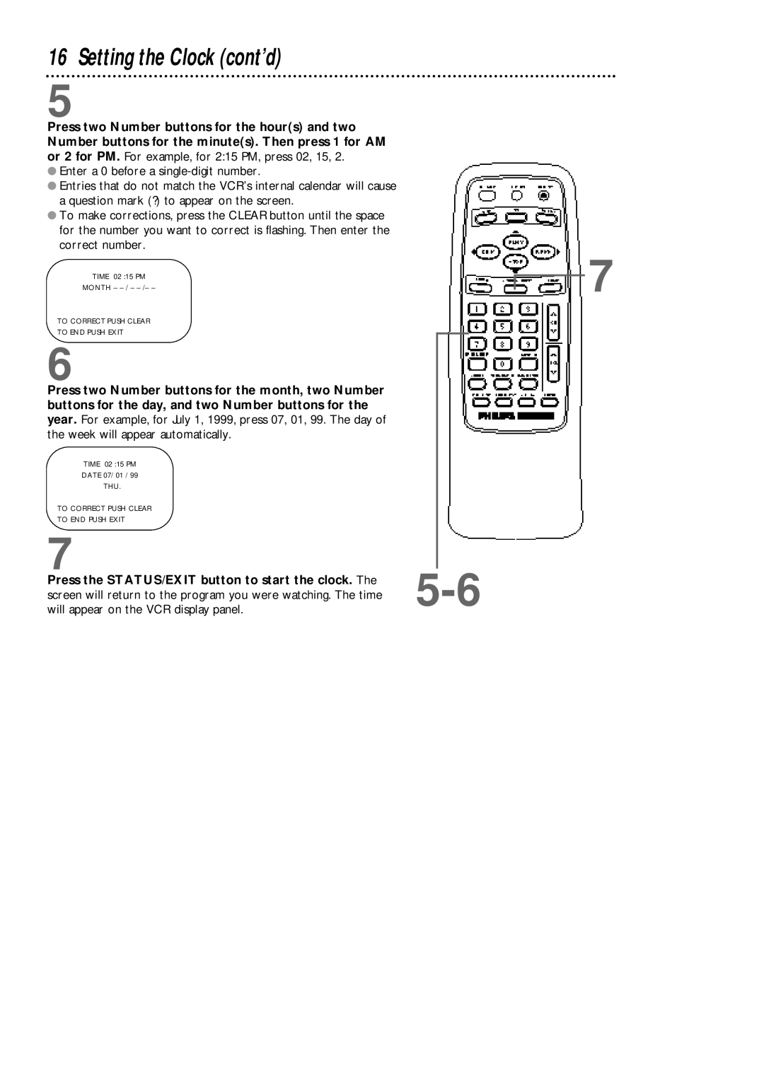 Philips VCA631AT, VCA431AT owner manual Setting the Clock cont’d, Press the STATUS/EXIT button to start the clock 