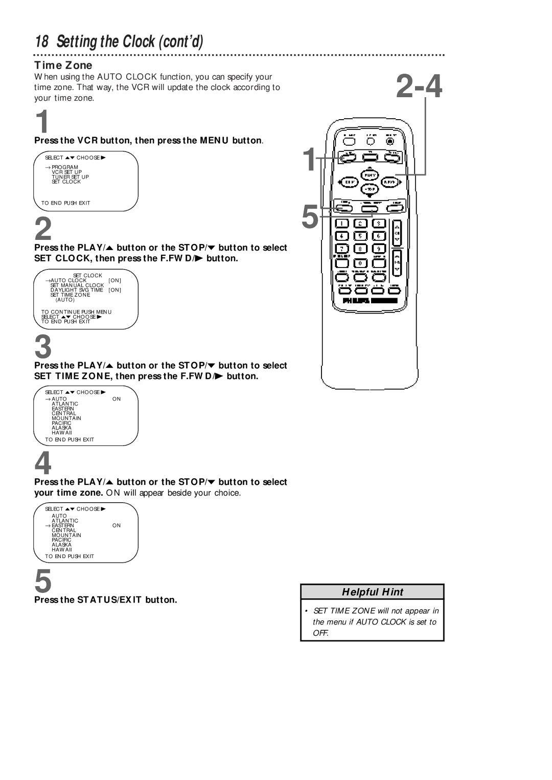 Philips VCA631AT, VCA431AT owner manual Time Zone, Press the STATUS/EXIT button 