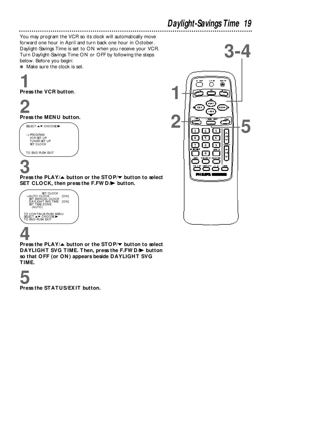 Philips VCA431AT, VCA631AT owner manual Daylight-Savings Time, Press the VCR button Press the Menu button 