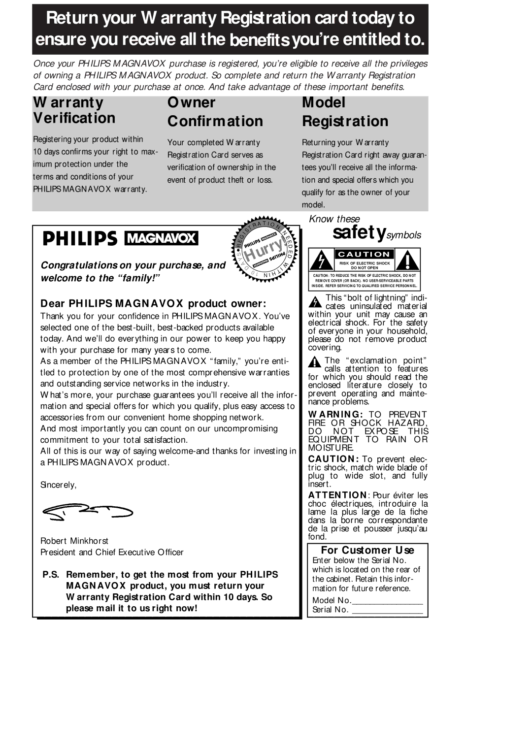 Philips VCA631AT, VCA431AT owner manual Dear Philips Magnavox product owner, For Customer Use, Model No Serial No 