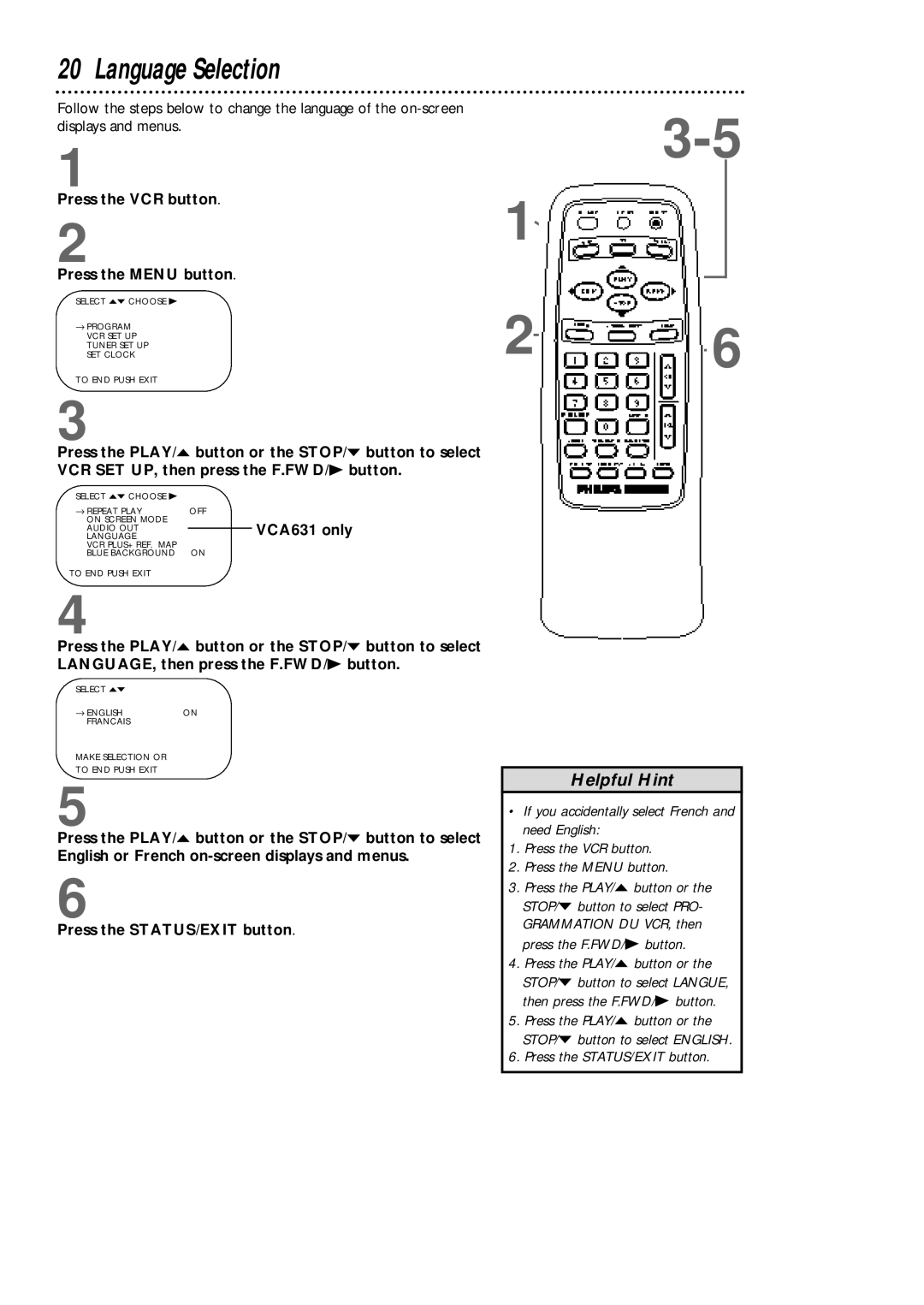 Philips VCA631AT, VCA431AT owner manual Language Selection, VCA631 only 