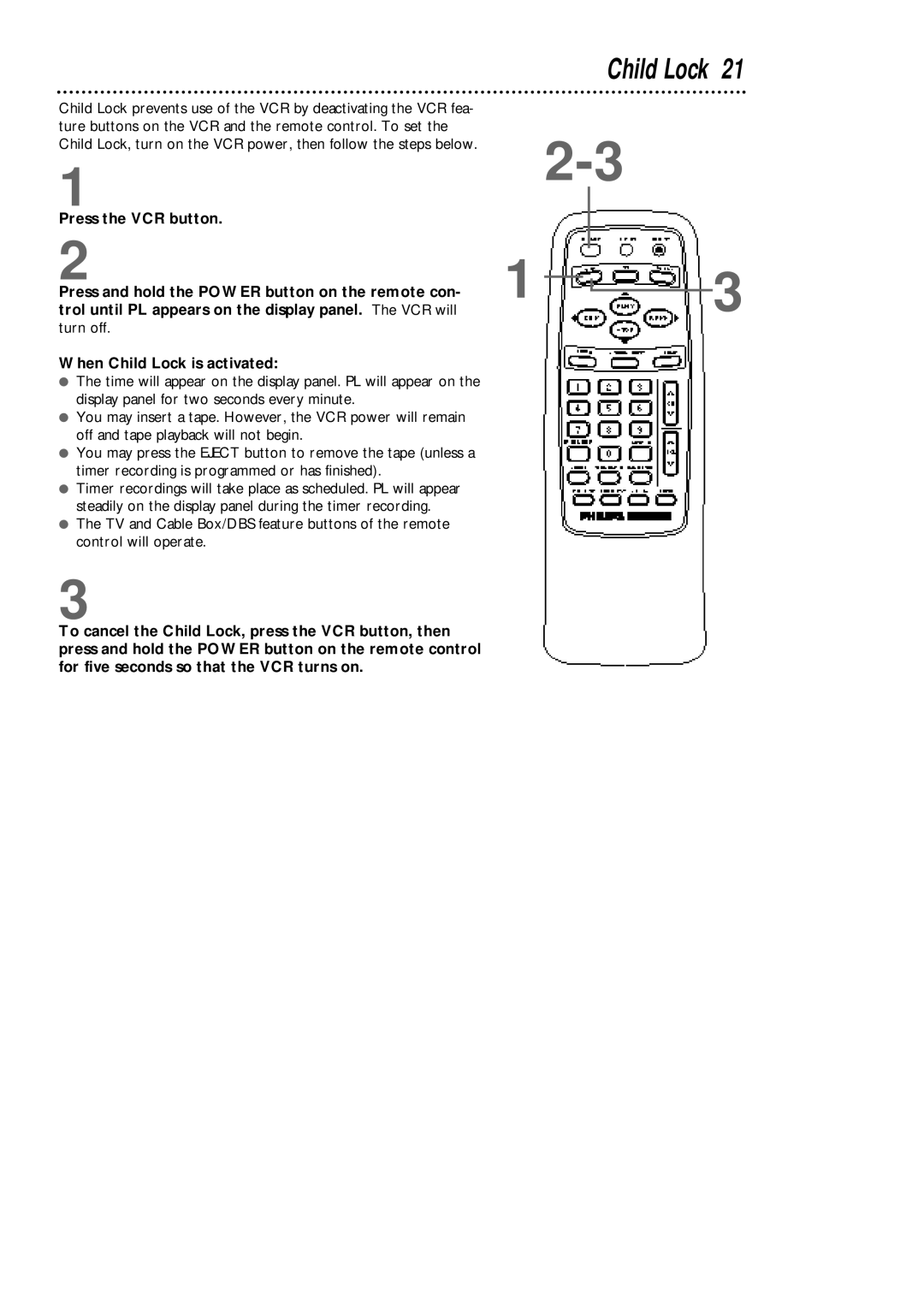 Philips VCA431AT, VCA631AT owner manual Child Lock 