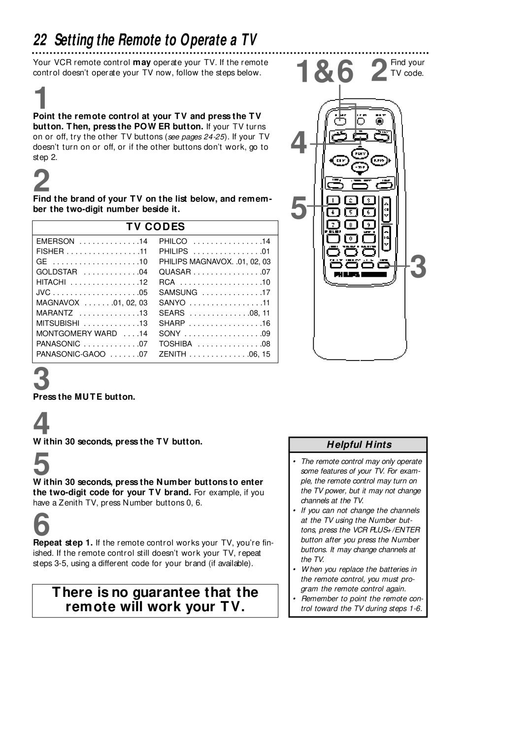 Philips VCA631AT, VCA431AT owner manual Setting the Remote to Operate a TV, 2Find your 1&6 TV code 