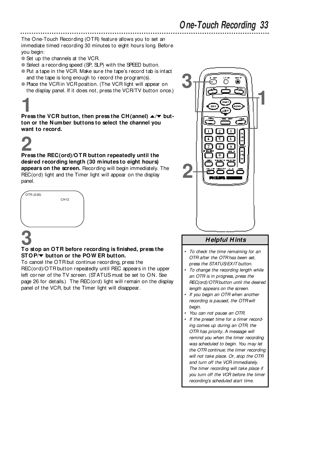 Philips VCA431AT, VCA631AT owner manual One-Touch Recording 