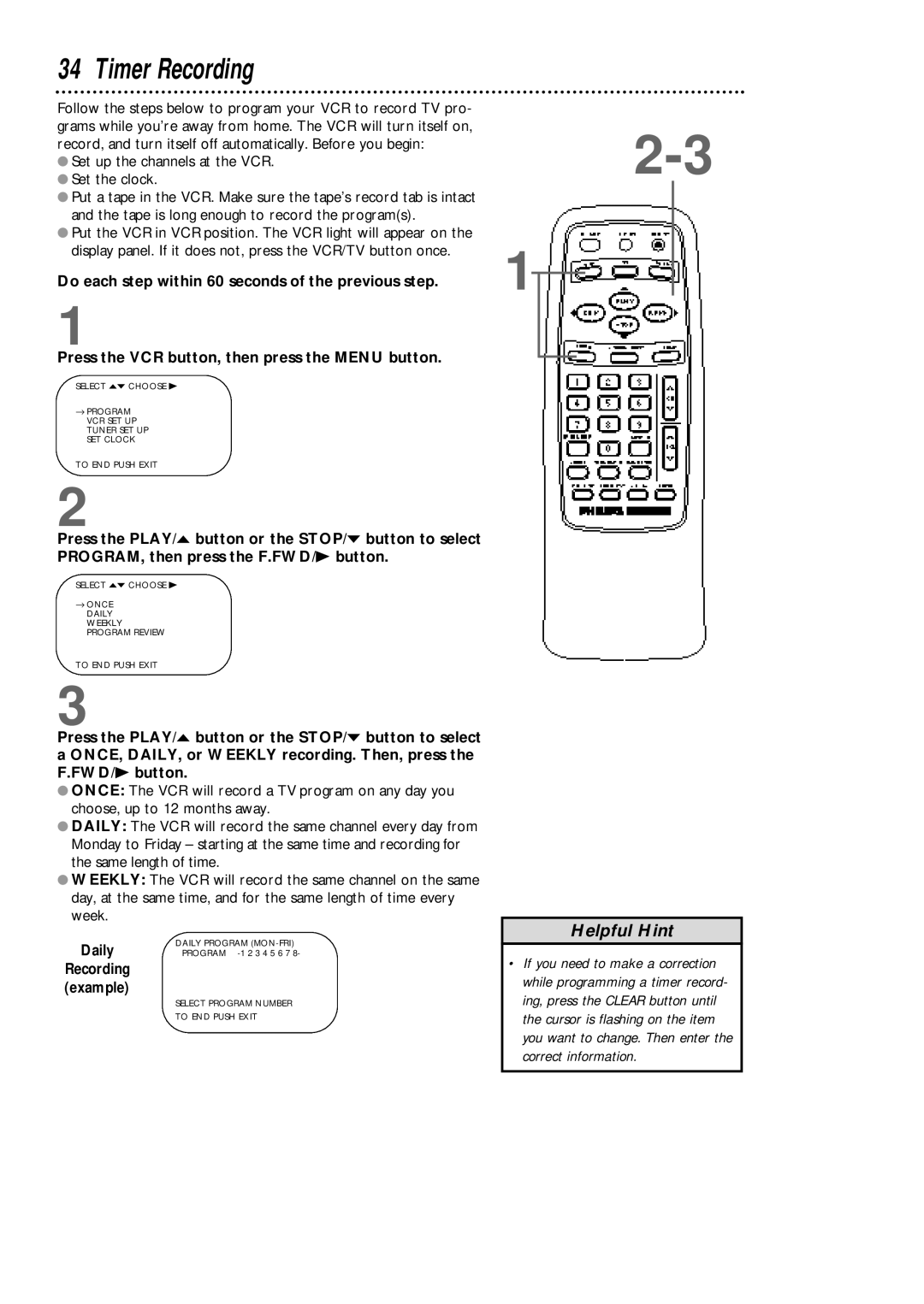 Philips VCA631AT, VCA431AT owner manual Timer Recording, Daily 