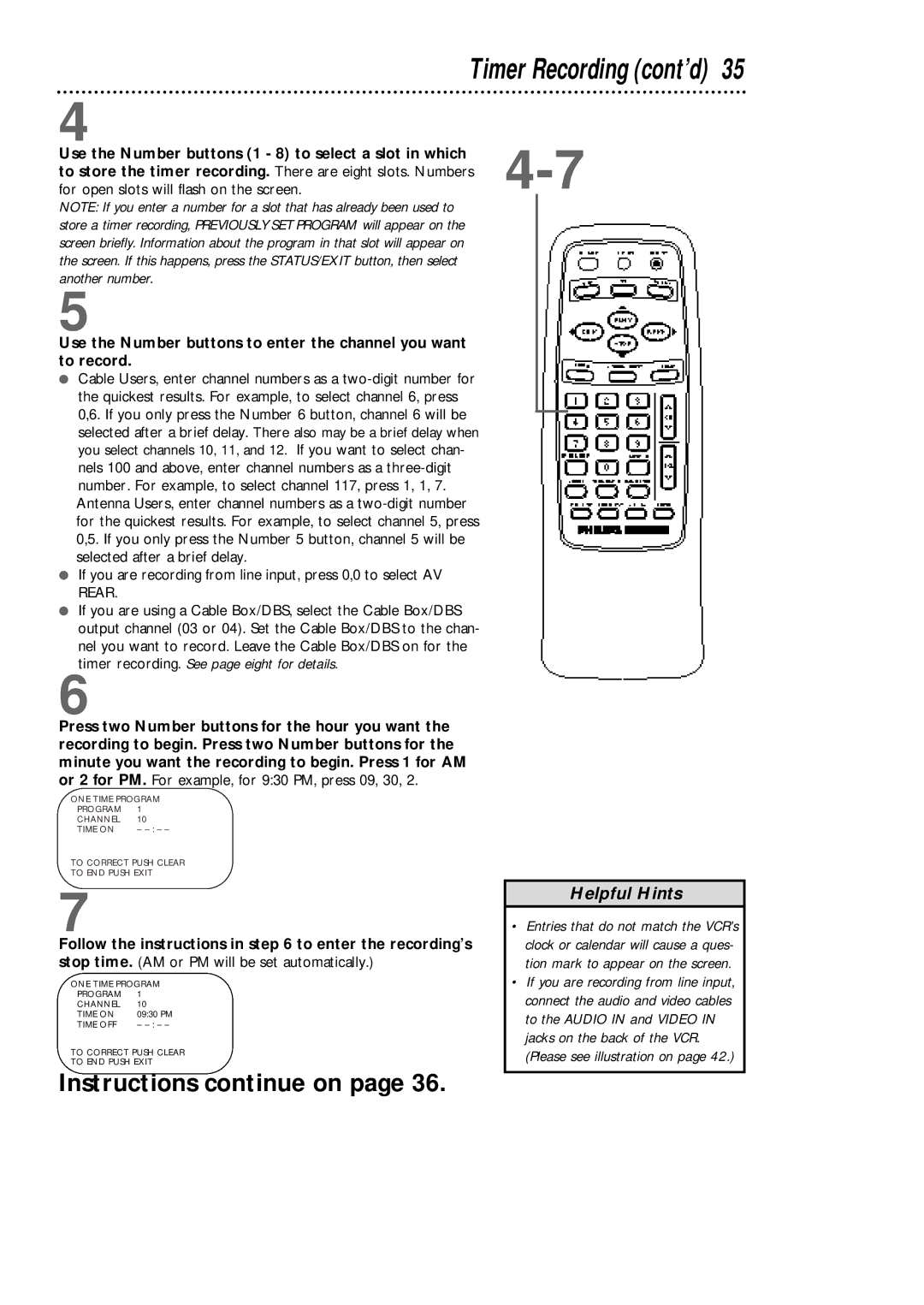 Philips VCA431AT, VCA631AT owner manual Timer Recording cont’d 