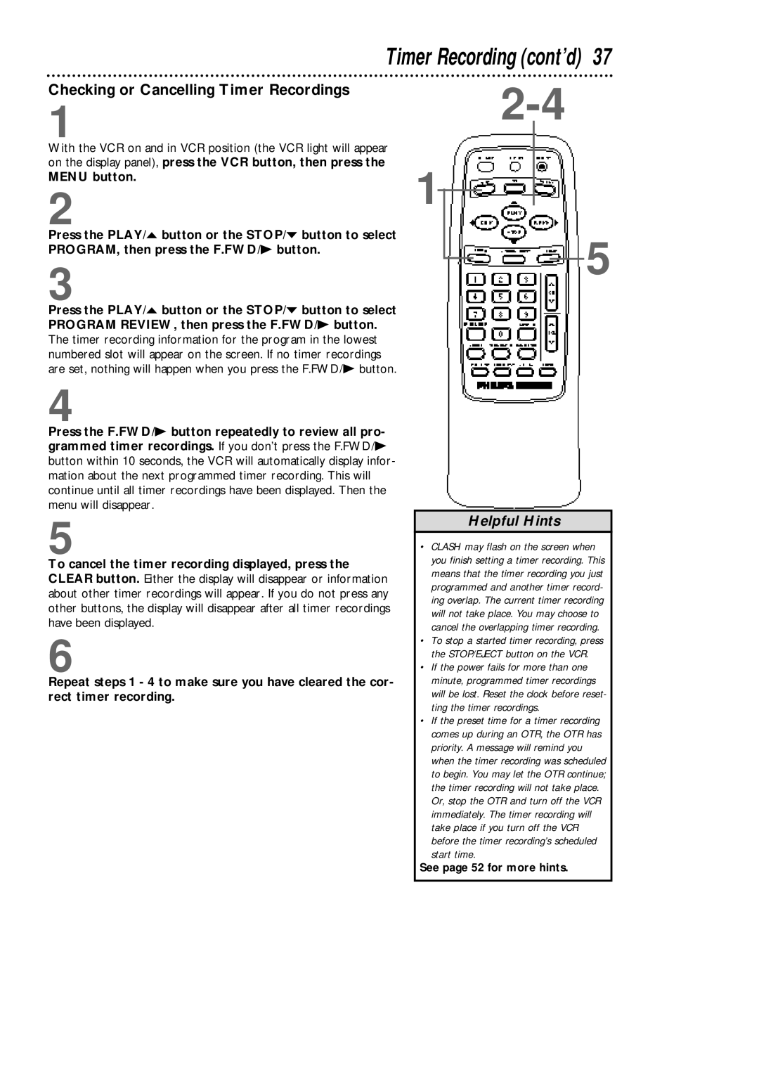 Philips VCA431AT, VCA631AT owner manual Checking or Cancelling Timer Recordings 