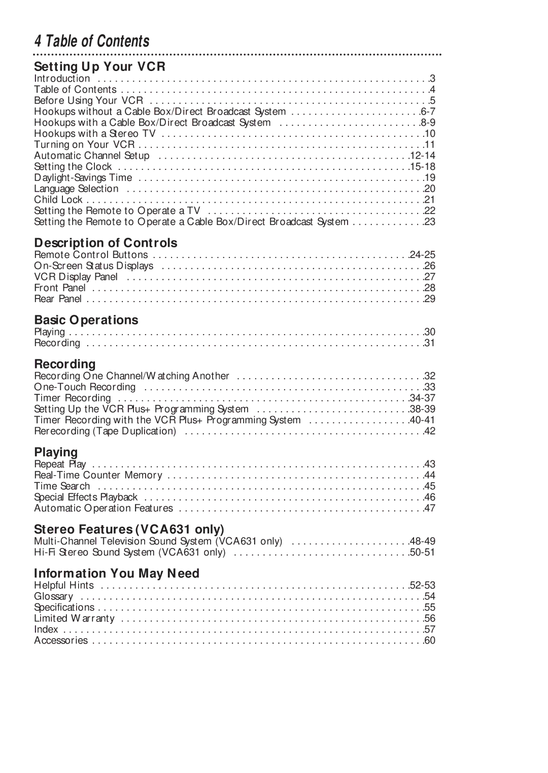 Philips VCA631AT, VCA431AT owner manual Table of Contents 