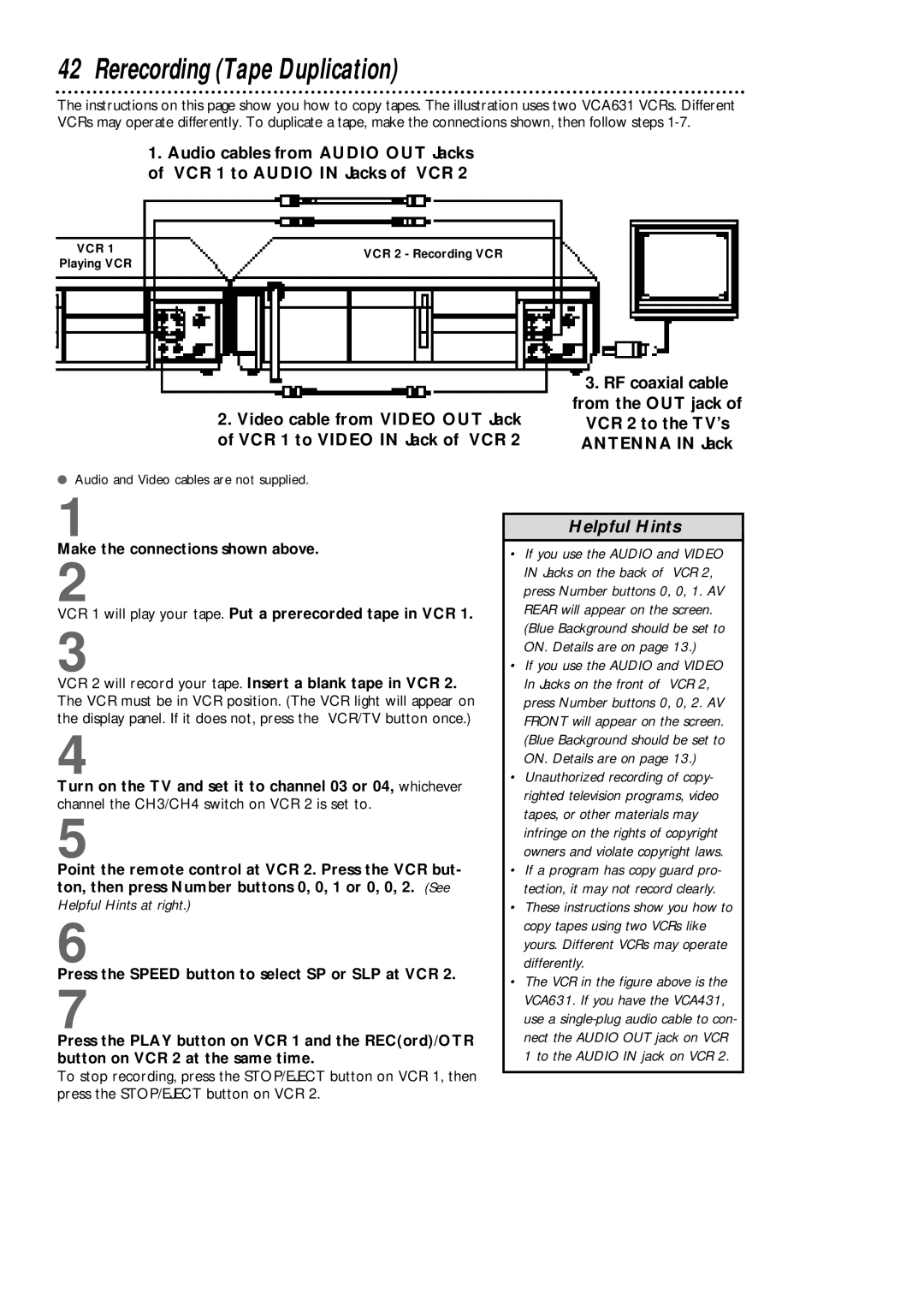 Philips VCA631AT, VCA431AT owner manual Rerecording Tape Duplication 