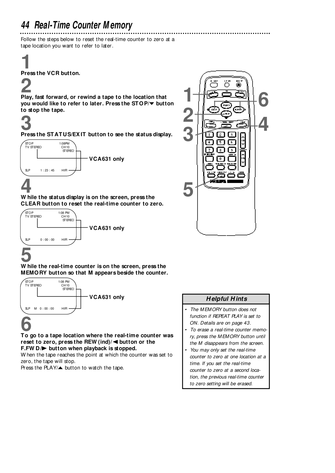 Philips VCA631AT, VCA431AT owner manual Real-Time Counter Memory 