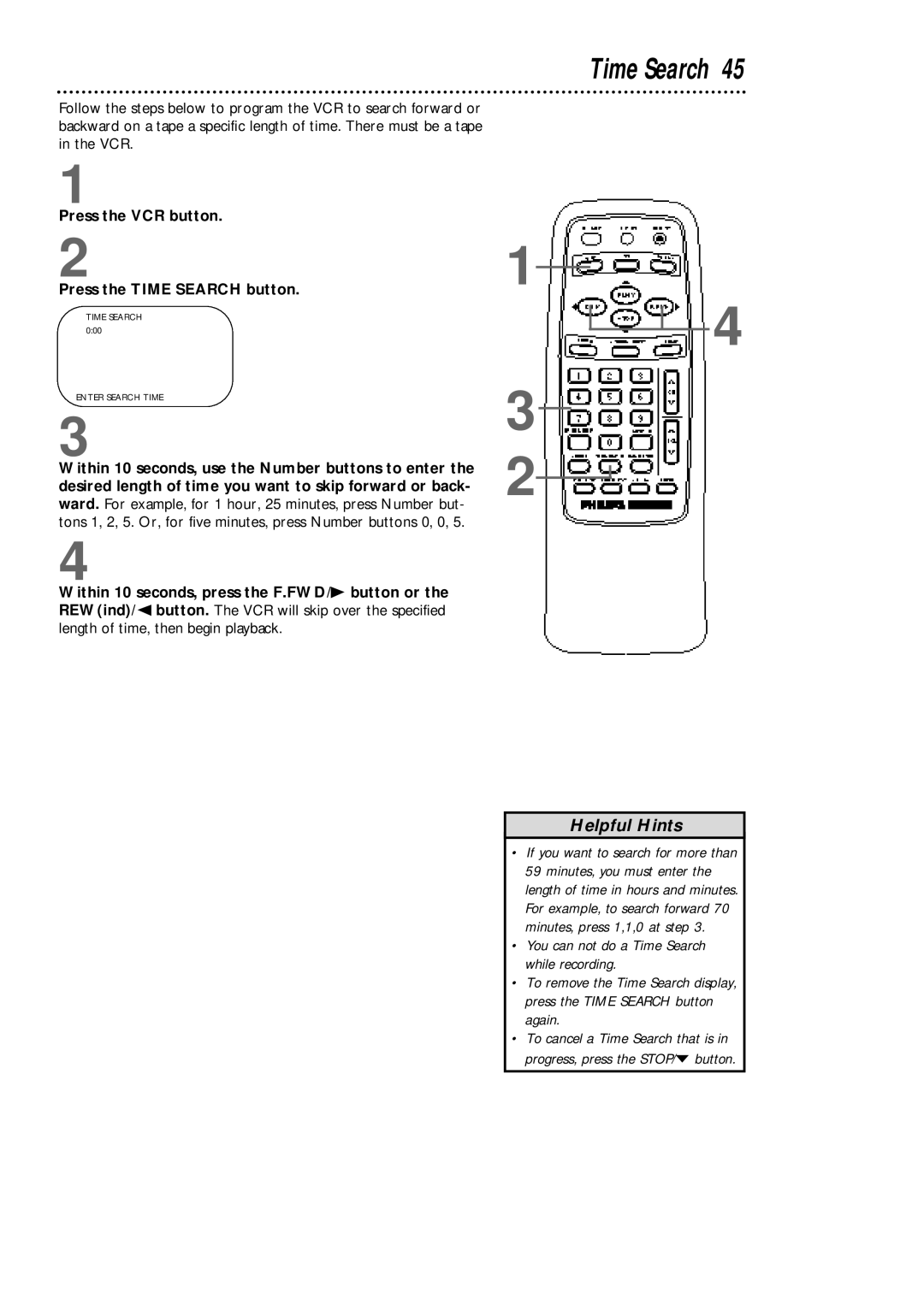 Philips VCA431AT, VCA631AT owner manual Press the VCR button Press the Time Search button 