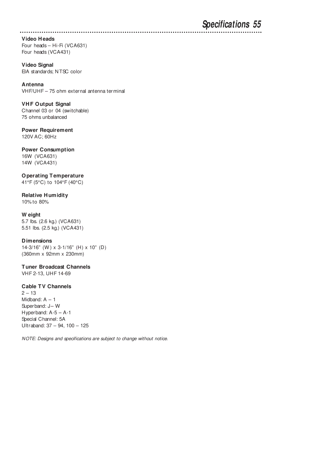 Philips VCA431AT, VCA631AT owner manual Specifications 