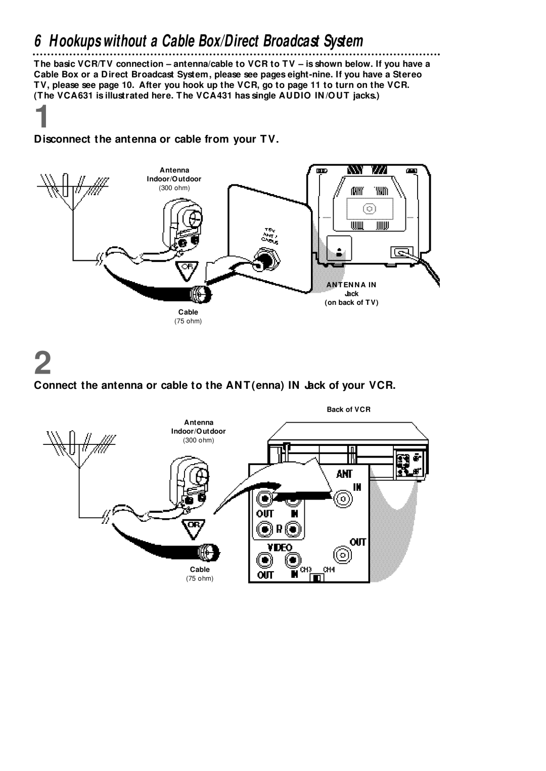 Philips VCA631AT Hookups without a Cable Box/Direct Broadcast System, Disconnect the antenna or cable from your TV 