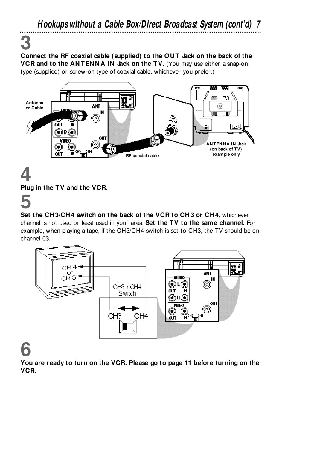 Philips VCA431AT, VCA631AT Hookups without a Cable Box/Direct Broadcast System cont’d, Plug in the TV and the VCR 