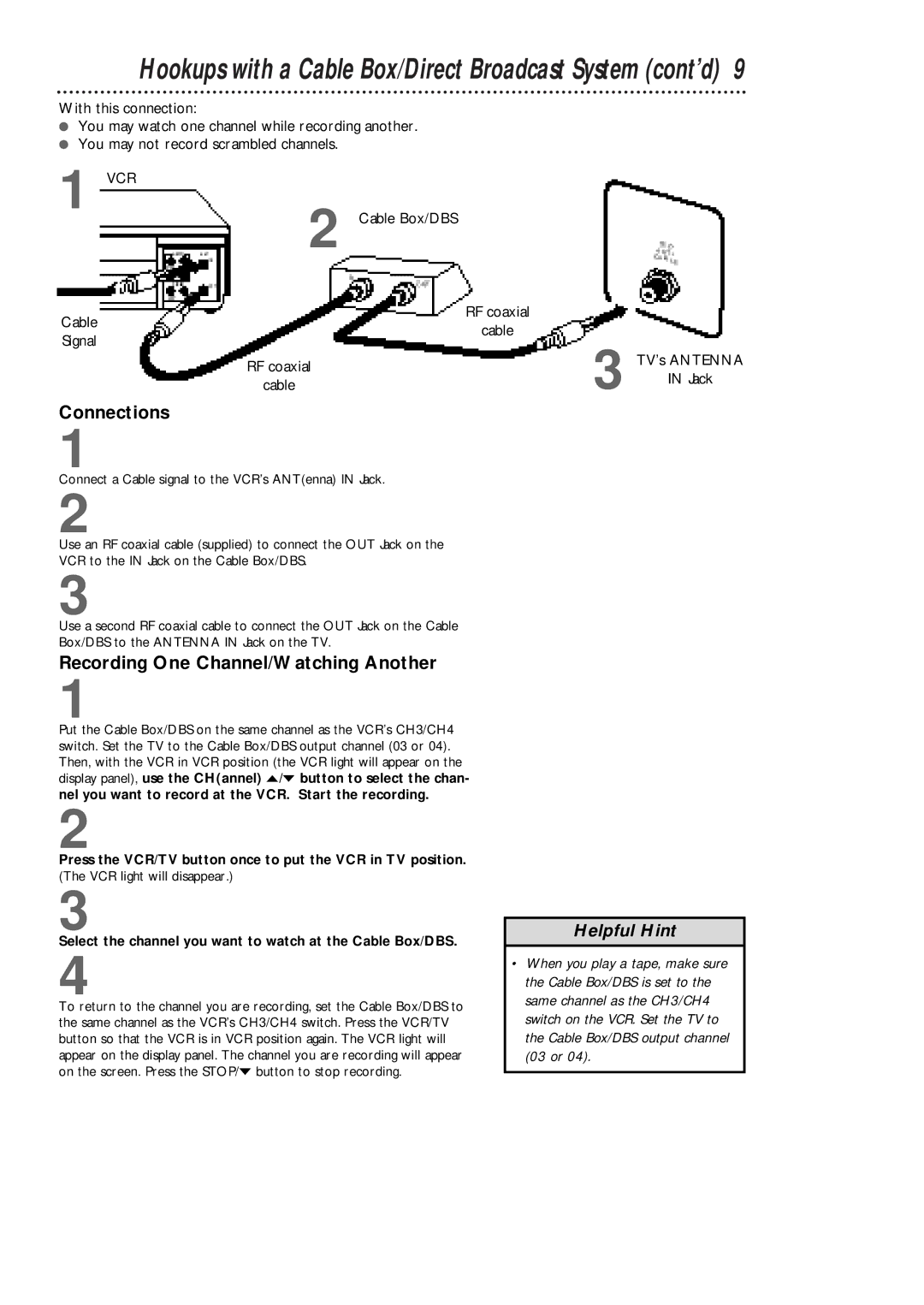 Philips VCA431AT, VCA631AT Recording One Channel/Watching Another, Cable Box/DBS RF coaxial Signal, TV’s Antenna in Jack 