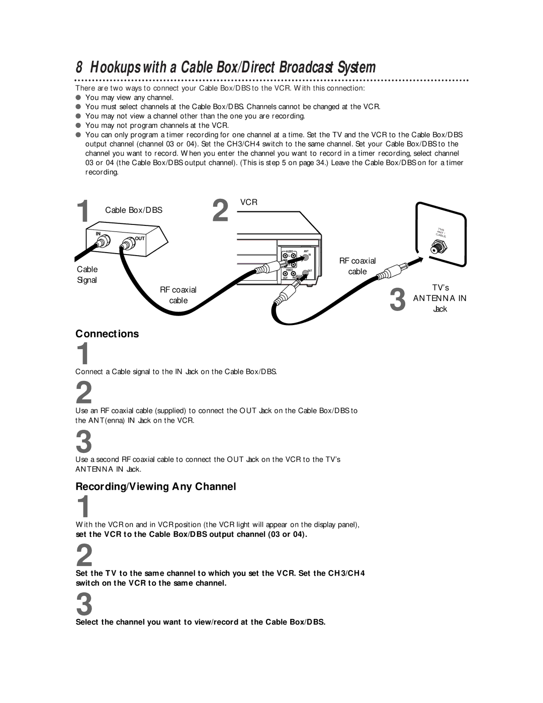 Philips VCB411AT, VCB611AT Hookups with a Cable Box/Direct Broadcast System, Connections, Recording/Viewing Any Channel 