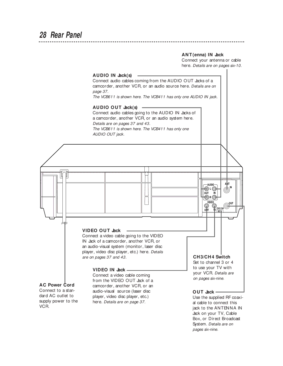 Philips VCB411AT, VCB611AT warranty Rear Panel, Audio OUT Jacks 